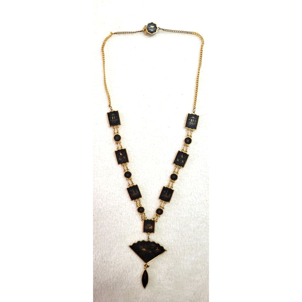 Vintage Damascene Folding Fan Necklace Gold Tone Black Amita Style Shakudo - Picture 9 of 9